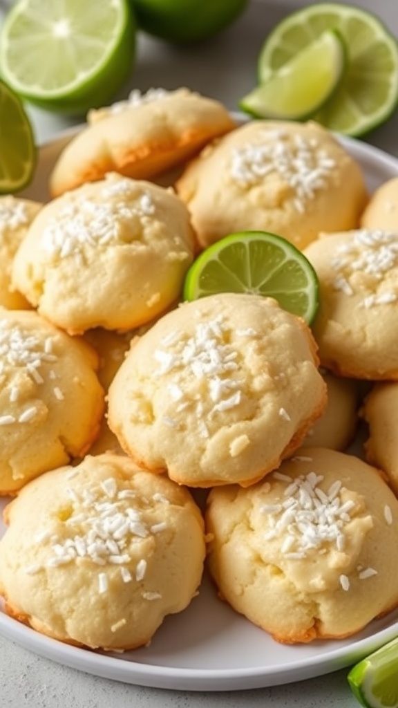 A plate of Coconut Lime Cookies with coconut flakes and lime slices, highlighting their golden edges and soft texture.